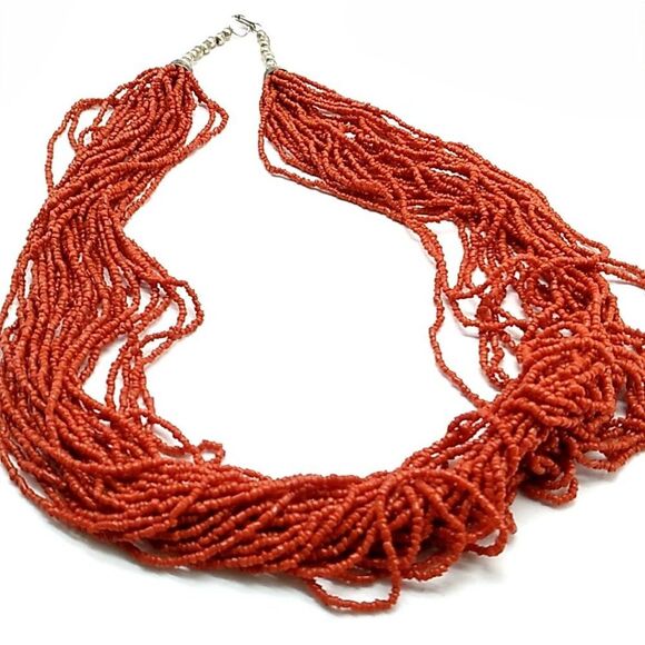 Vintage Multi-strand Simulated Red Coral Seed Bead Necklace - Picture 1 of 15